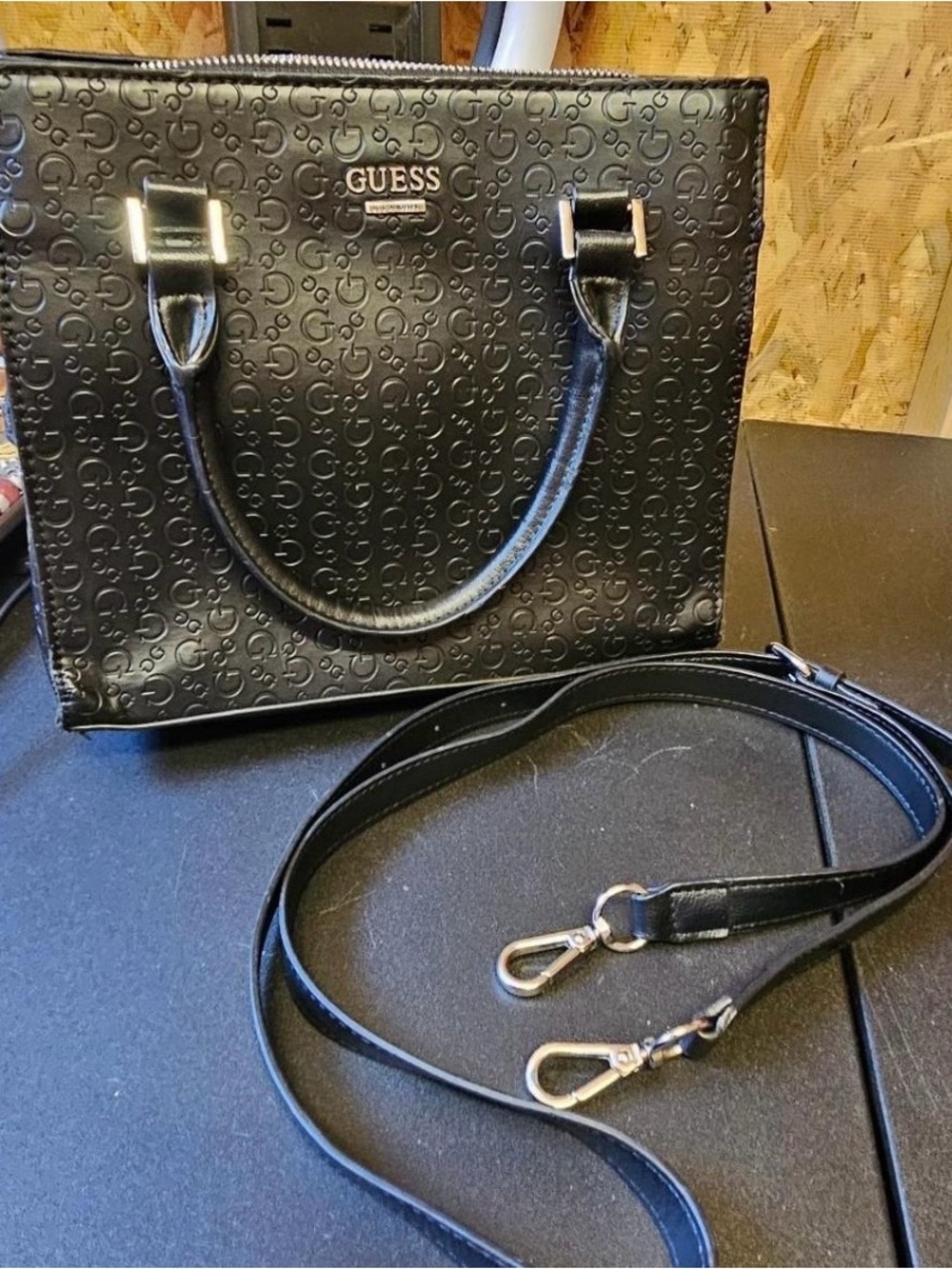 GUESS Black Embossed Logo Handbag/Crossbody with Removable Strap